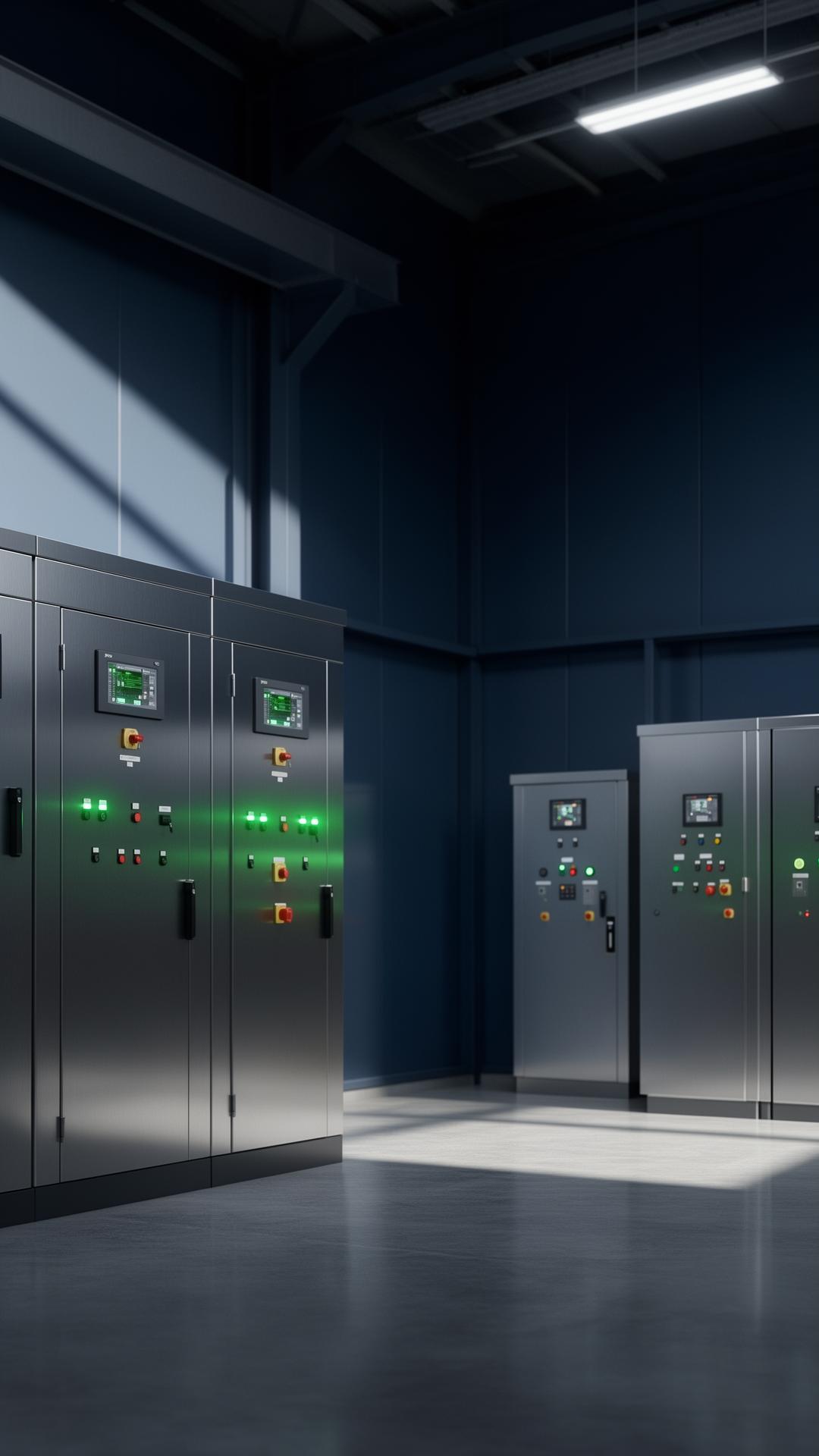 Industrial electrical panels with live submetering indicators in a modern facility